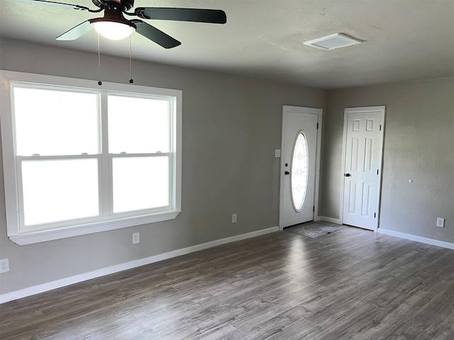 foyer featuring ceiling fan, hardwood / wood-style floors, and a wealth of natural light