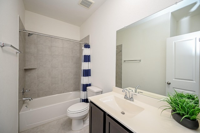 full bathroom with toilet, vanity, tile patterned flooring, and shower / tub combo with curtain