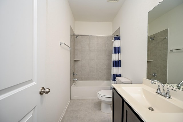 full bathroom with shower / bath combo, tile patterned floors, vanity, and toilet