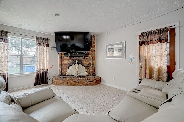 tiled living room featuring a textured ceiling and a fireplace