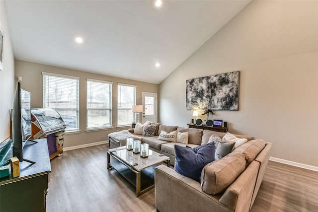 living room featuring vaulted ceiling and wood-type flooring