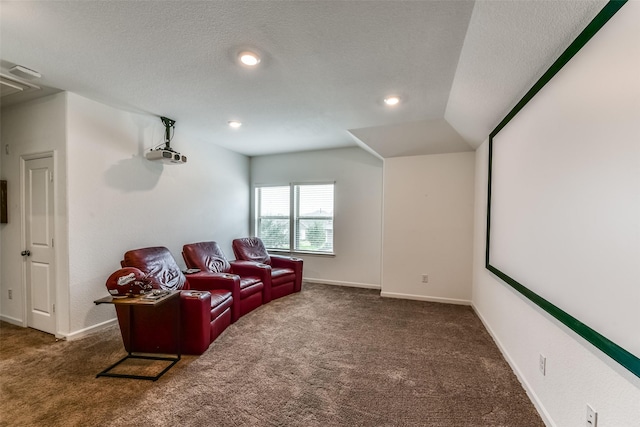 carpeted cinema featuring lofted ceiling and a textured ceiling