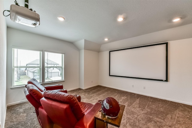 carpeted cinema featuring lofted ceiling and a textured ceiling