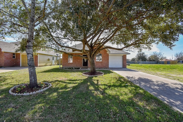 single story home featuring a front yard and a garage