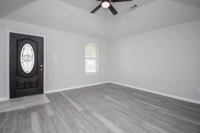 foyer entrance featuring ceiling fan and light hardwood / wood-style flooring