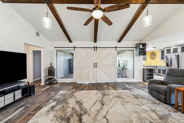 living room with a barn door, ceiling fan, high vaulted ceiling, dark hardwood / wood-style floors, and beam ceiling