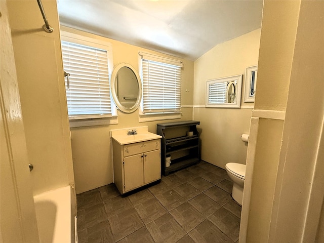 bathroom featuring toilet, vanity, and lofted ceiling