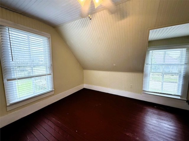 additional living space with dark wood-type flooring, vaulted ceiling, and a wealth of natural light