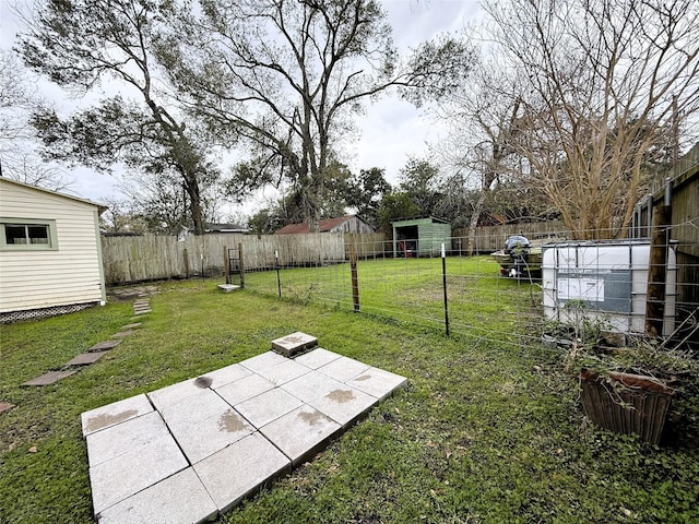 view of yard featuring a patio area and a shed