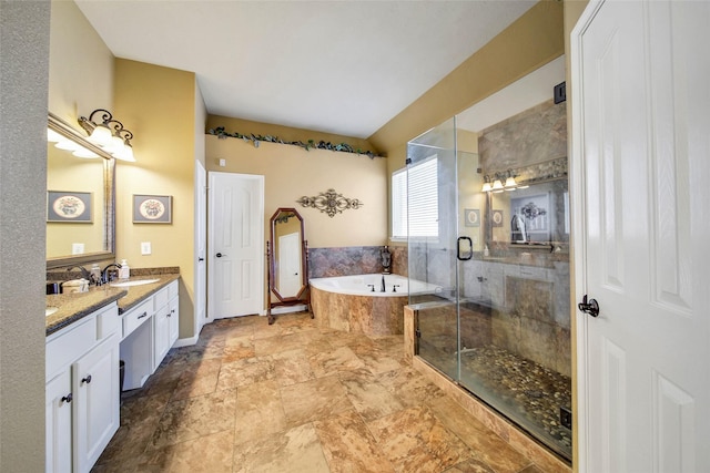 bathroom featuring vanity and plus walk in shower