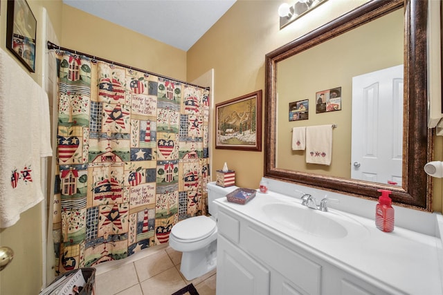 bathroom featuring a shower with curtain, vanity, toilet, and tile patterned flooring