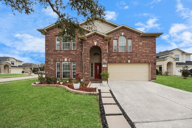 front of property with a garage and a front lawn