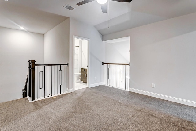 additional living space featuring lofted ceiling, carpet floors, and ceiling fan