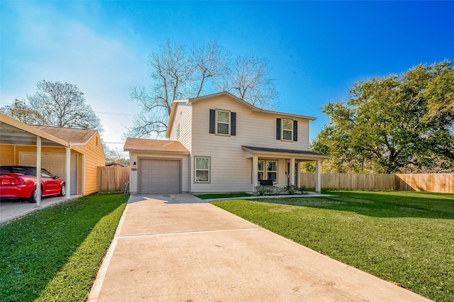 front facade featuring a front yard, a garage, and a porch