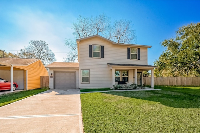 front facade with a garage, a porch, and a front lawn