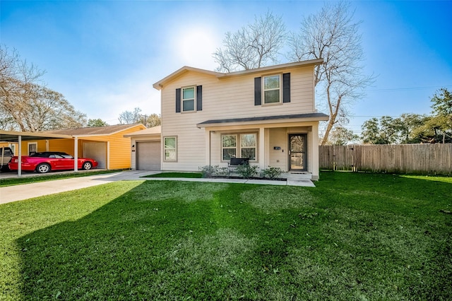 front of property with a front yard, a garage, and covered porch