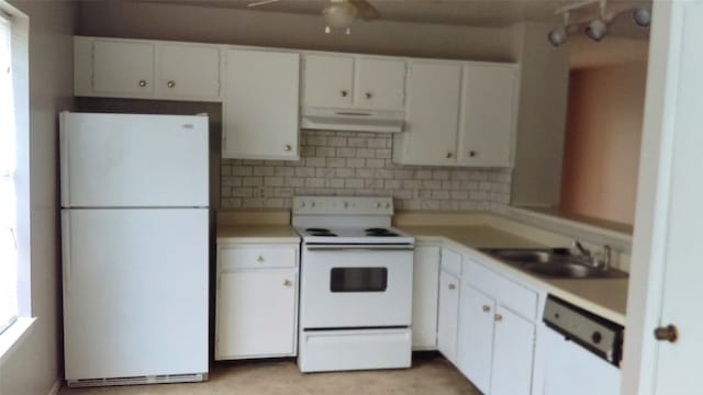 kitchen with sink, white cabinets, white appliances, ceiling fan, and tasteful backsplash