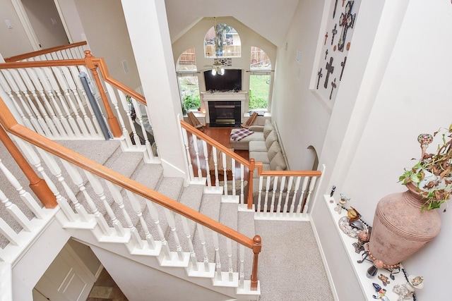 stairway with a high ceiling and carpet flooring