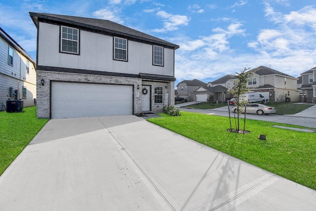 front facade with central AC unit, a front yard, and a garage