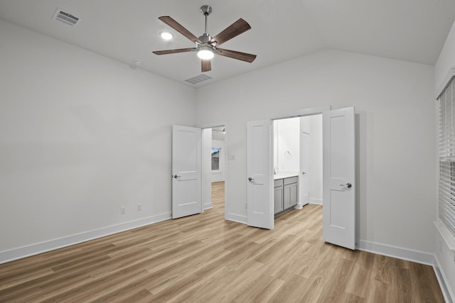 5822 Dawning Sun St, Fulshear, TX 77441 - unfurnished bedroom featuring light wood-style floors, vaulted ceiling, baseboards, and ceiling fan