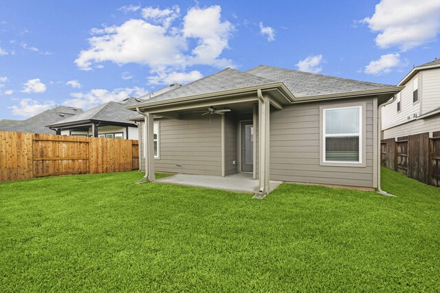 5822 Dawning Sun St, Fulshear, TX 77441 - rear view of house with a ceiling fan, a patio, and a shingled roof