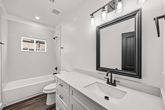 full bathroom with toilet, wood-type flooring, shower / washtub combination, and vanity