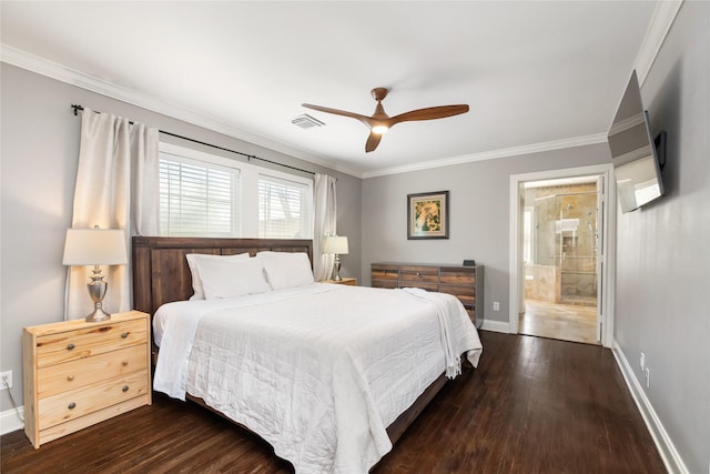 bedroom featuring ceiling fan, dark hardwood / wood-style flooring, ensuite bathroom, and ornamental molding