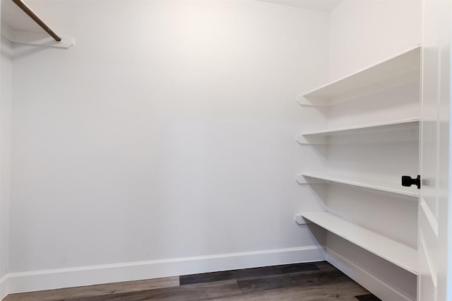 walk in closet with dark wood-type flooring