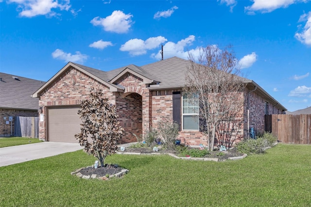 single story home featuring a front lawn and a garage