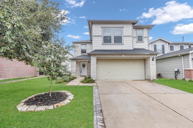 view of front of property with a garage and a front lawn