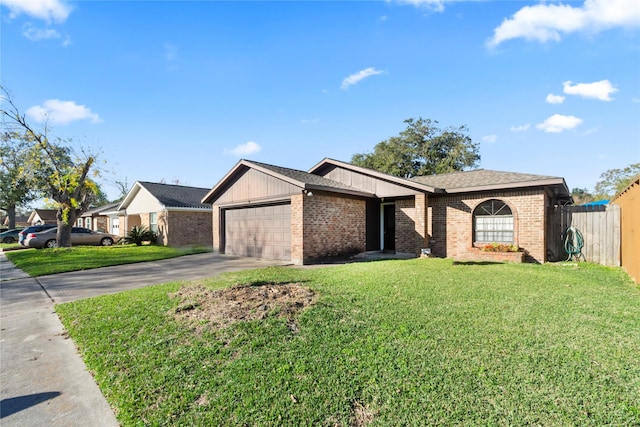 ranch-style house with a front yard and a garage