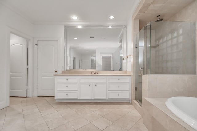 bathroom featuring independent shower and bath, tile patterned flooring, ornamental molding, and vanity