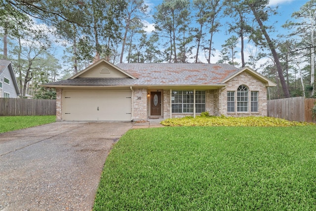 ranch-style home featuring a front lawn and a garage