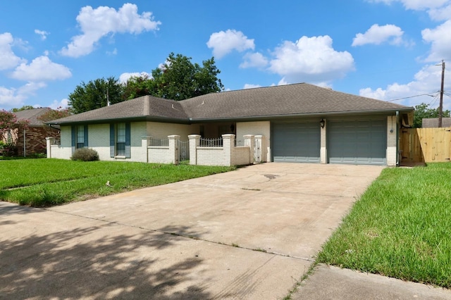 ranch-style house with a front yard and a garage