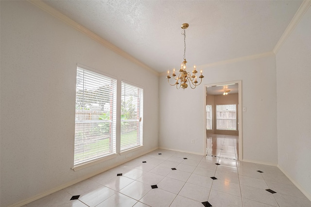 empty room with a chandelier, light tile patterned flooring, a textured ceiling, and a wealth of natural light