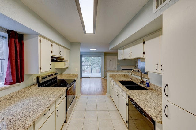 kitchen featuring stainless steel electric stove, white cabinetry, sink, and black dishwasher