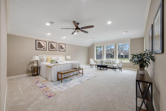 bedroom with ceiling fan, light carpet, crown molding, and vaulted ceiling