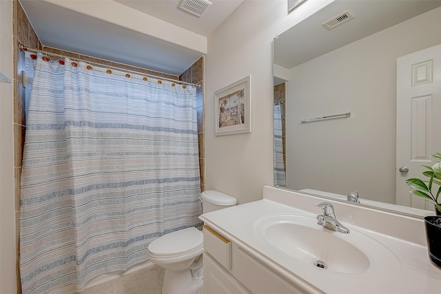 bathroom featuring toilet, tile patterned flooring, a shower with shower curtain, and vanity