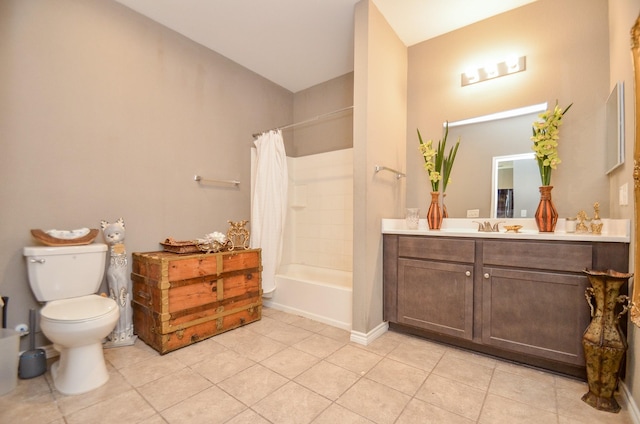 full bathroom with toilet, tile patterned flooring, shower / tub combo, and vanity