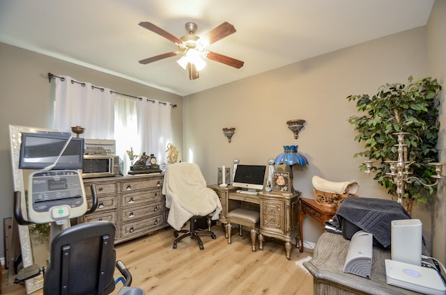 office area with ceiling fan and light wood-type flooring