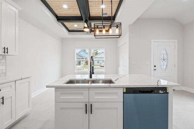 kitchen featuring sink, white cabinets, dishwashing machine, and wood ceiling