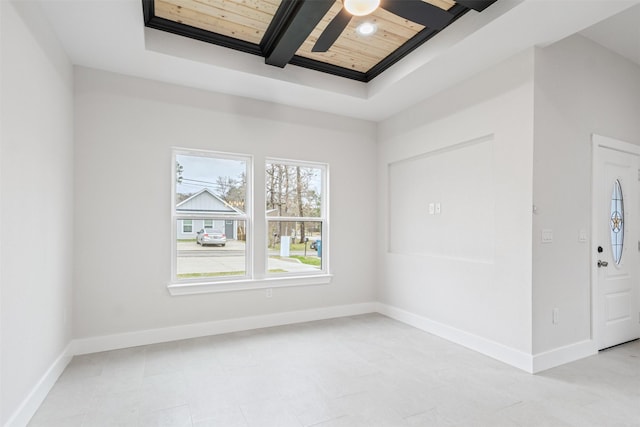 unfurnished room featuring ceiling fan and wood ceiling