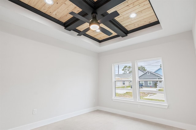 spare room with beamed ceiling, ceiling fan, and wooden ceiling