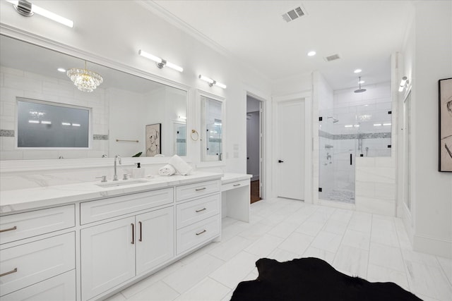 bathroom featuring an enclosed shower, vanity, a chandelier, and ornamental molding