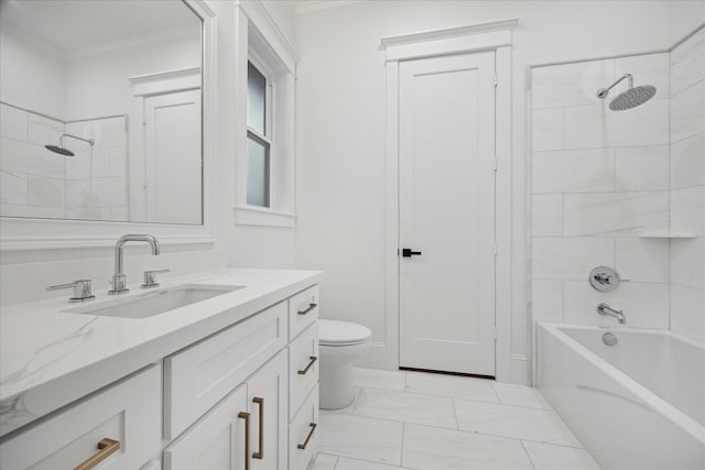 full bathroom featuring toilet, vanity, ornamental molding, and tiled shower / bath