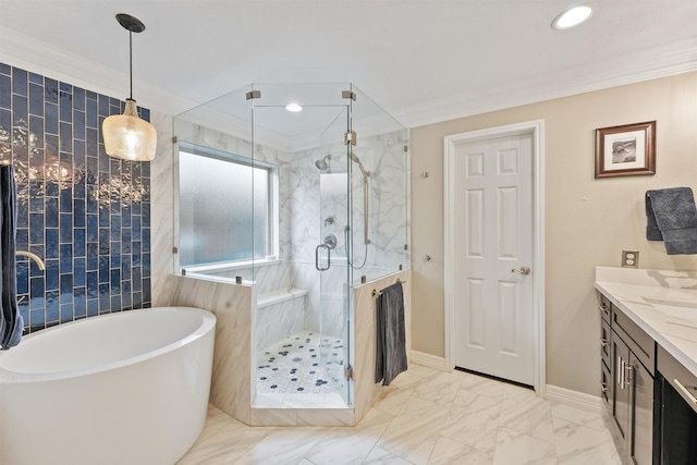 bathroom featuring plus walk in shower, ornamental molding, and vanity