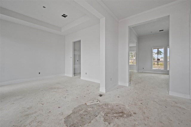 spare room featuring ornamental molding and a tray ceiling