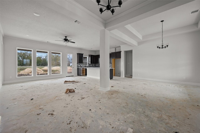 unfurnished living room featuring crown molding and ceiling fan with notable chandelier