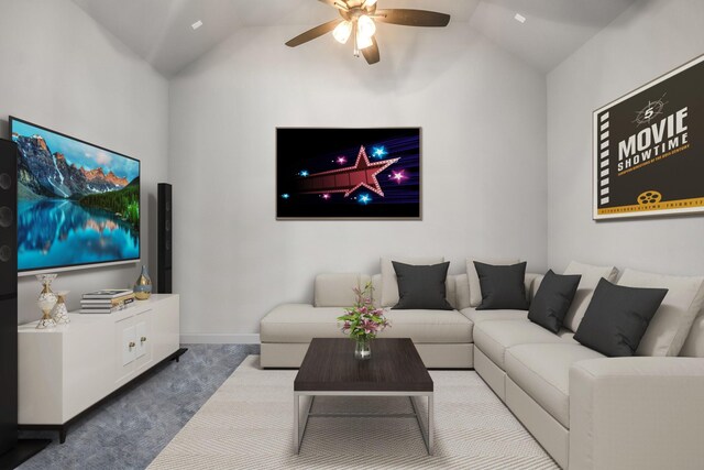 carpeted living room with ceiling fan and vaulted ceiling