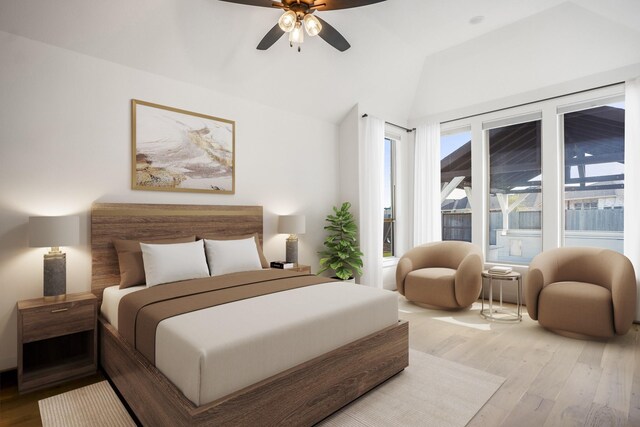 bedroom with vaulted ceiling, ceiling fan, and hardwood / wood-style floors